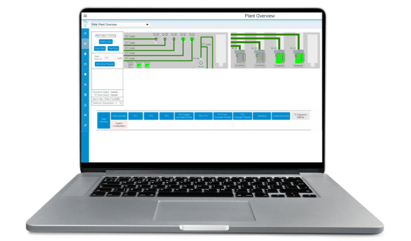 OASIS IoT and Web SCADA Platform's Plant Overview Screen. This view provides the operator with end-to-end view of the plant operations, what is and isn't running. The screen also allows the Operator to switch the plant to auto, start or stop the plant or adjust settings. OASIS supports remote operations.